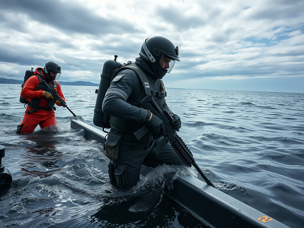 Два человека в водолазных костюмах и с оружием передвигаются по воде на небольшом судне.